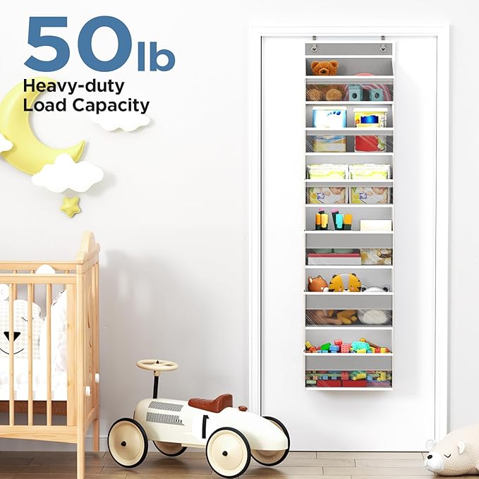 Mefirt Over The Door Organizer, 6 Shelf Door Hanging Organizers with 6 Large Capacity Pockets, Behind Door Storage Hanging Shelves for Closet Wall Bathroom Bedroom Nursery