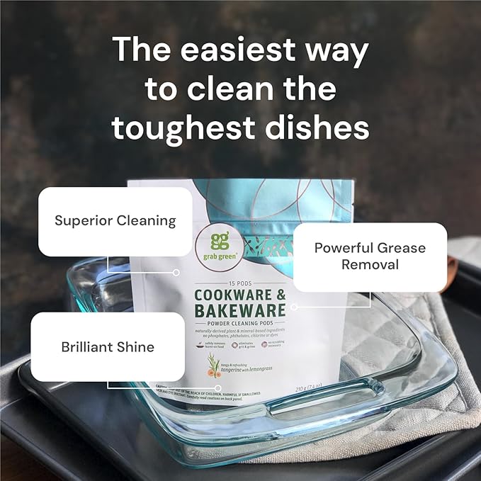 Grab Green Cookware and Bakeware Cleaner Pods, 4 Bags of 15 Pods, Tangerine Lemongrass Scent, Plant and Mineral Based, Removes Burnt-On Food, Eliminates Grit and Grime, No Scrubbing Necessary