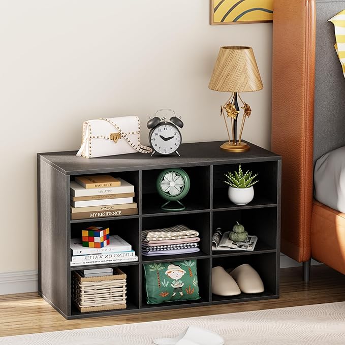 Garden 4 you Shoe Storage Bench, Cubby Shoe Rack with 9 Cubbies, 3-Tier Wood Shoe Rack Organizer, Shoe Organizer Cabinet for Entryway, Hallway, Closet and Garage, Black