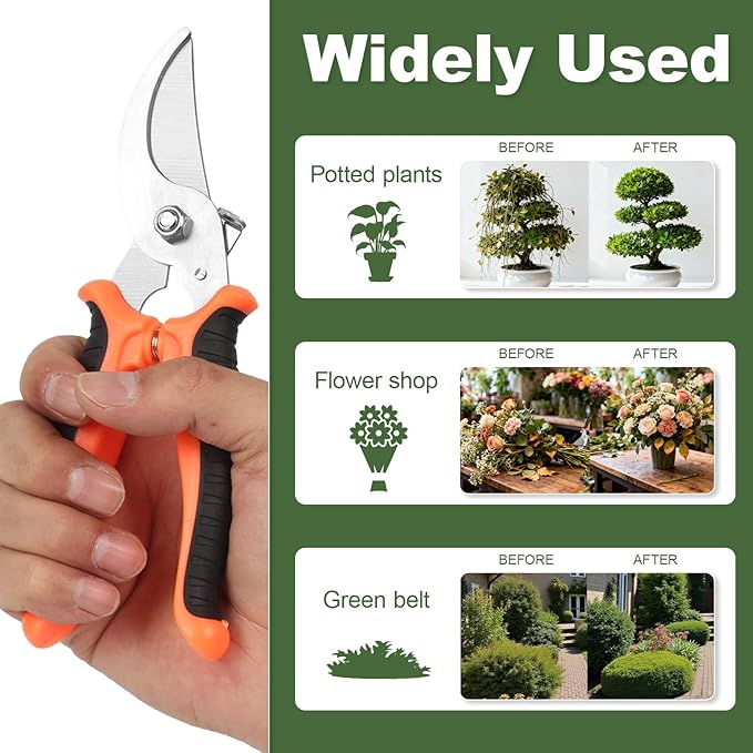 Pruning Shear, Premium Gardening Scissors for Rose Bushes, 7.5IN Garden Pruner Effortlessly Cuts 0.6IN Branches with Stainless Steel Blades Softgrip, One-Hand Lock Garden Clippers for Shrubs