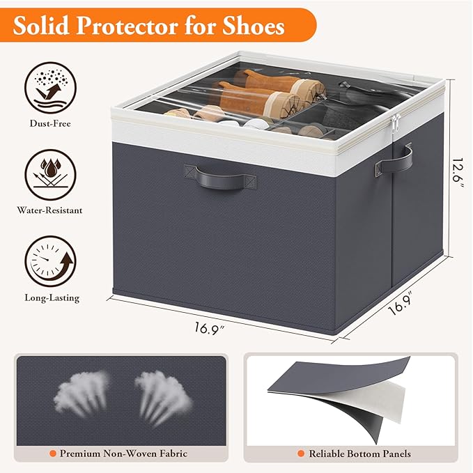StoreHappily Shoe Organizer for Closet - 2 Packs Hold up to 32 Pairs, Large Shoe Storage Organizer Containers with Adjustable Dividers, Clear Cover, Leather Handles for Heels, Boots, Sneakers (Gray)