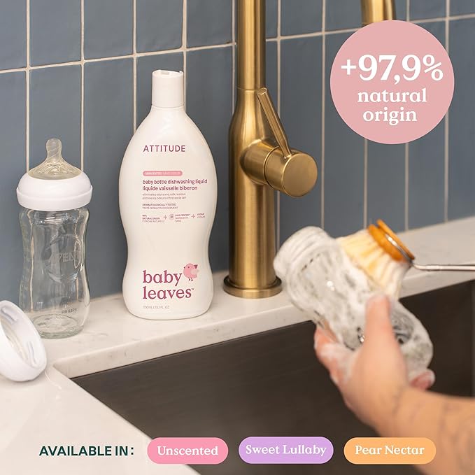 ATTITUDE Baby Bottle & Dish Soap, EWG Verified Bottle Cleaner, Dye Free, Removes Milk Residue & Grease, Vegan, Sweet Lullaby, 23.7 Fl Oz