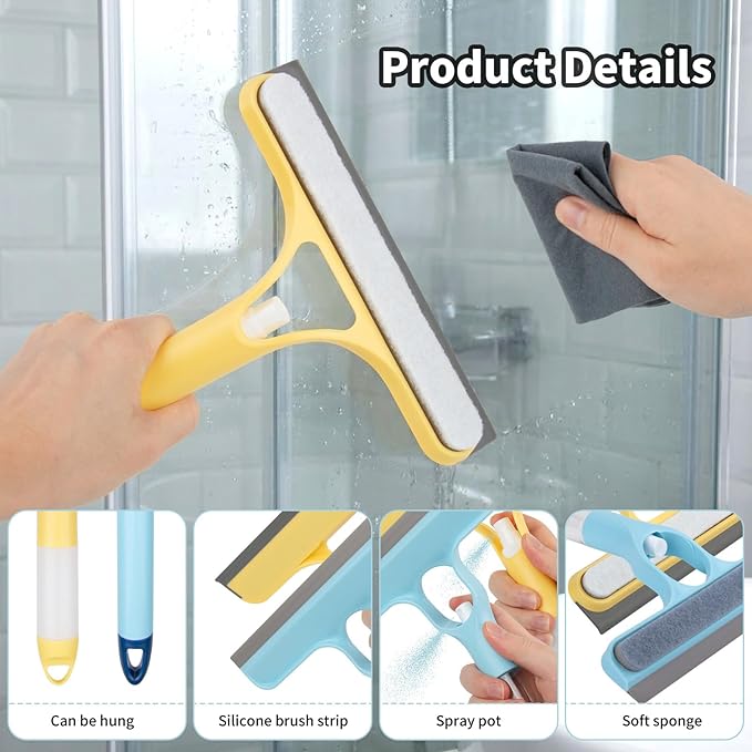 3 in 1 Window Cleaning Scraper, Spray Squeegee, Mirror Cleaner Tool, 3 in 1 Squeegee for Shower Glass, Squeegee with Sprayer, Shower Squeege, Squeegee and Scrubber with Spray, for Mirrors, Bathroom