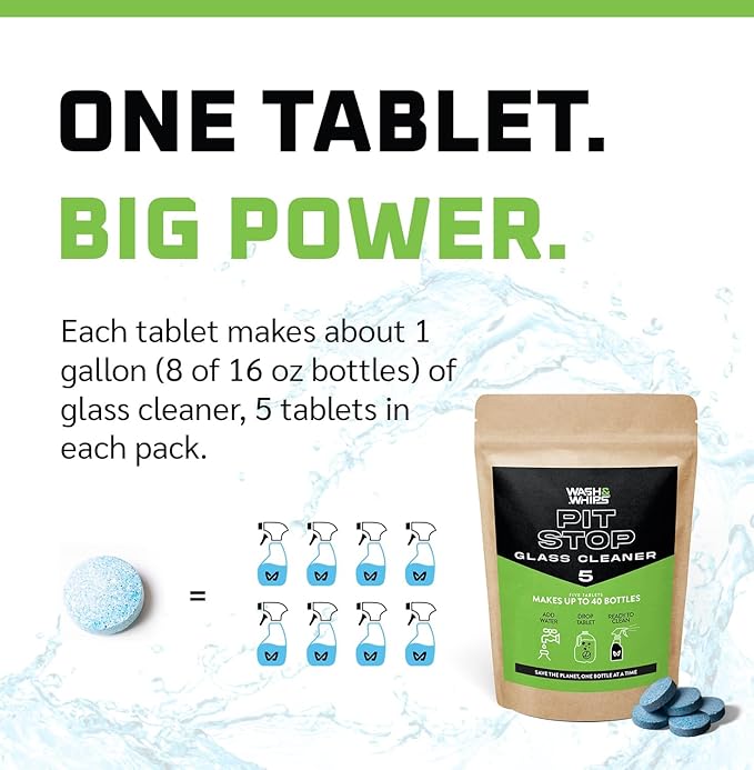 WASH&WHIPS Window, Glass Cleaner Pit Stop Refill Effervescent Tablets – 16 Bottles, Cleans Glasses, Windows, Mirrors,Steel Appliances – Streak-Free, Car, Office, Home & Kitchen