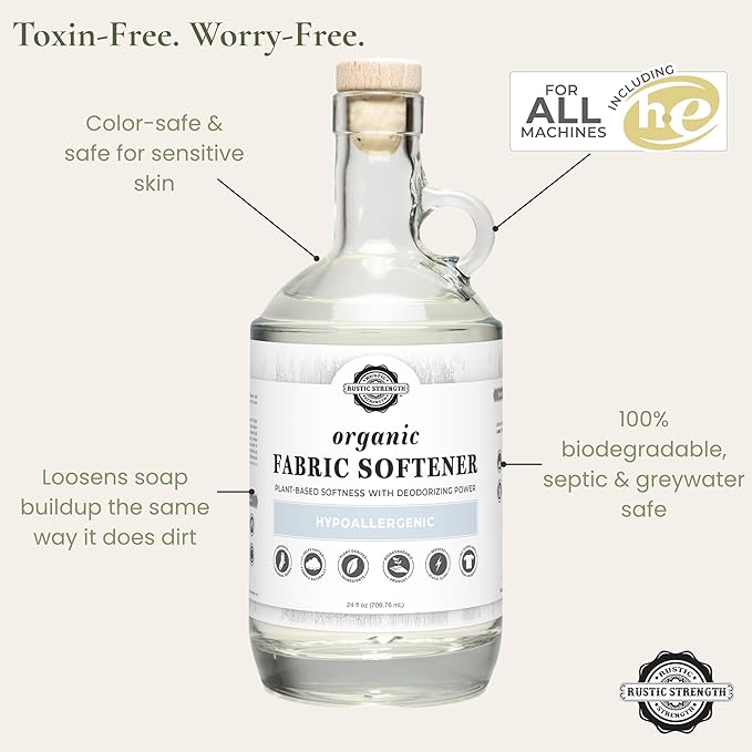 Rustic Strength Natural Fabric Softener, Non-Toxic, Biodegradable, Reduces Static, Removes Soap Build-Up, HE Compatible, 24 oz Glass