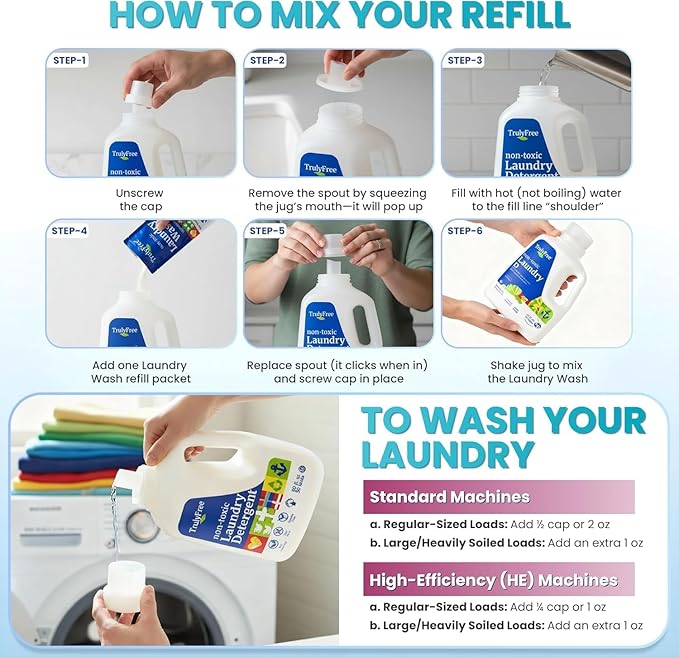 Truly Free Natural Laundry Detergent for Sensitive Skin | Eco Friendly, Plant Based, Baby Clothes Safe | Clean & Easy Powder to Liquid, 3 Pack Detergent + 1 Refillable Jug | Signature Scent 150 Loads