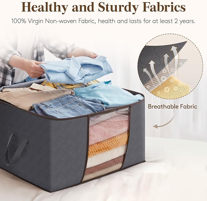 Lifewit 8 Pack 60L Clothes Storage Bins with Lids, Foldable Blanket Storage Bags with Zippers, Clear Window and Reinforced Handles, Closet and Organization for Clothing, Sweater, Comforter, Bedding