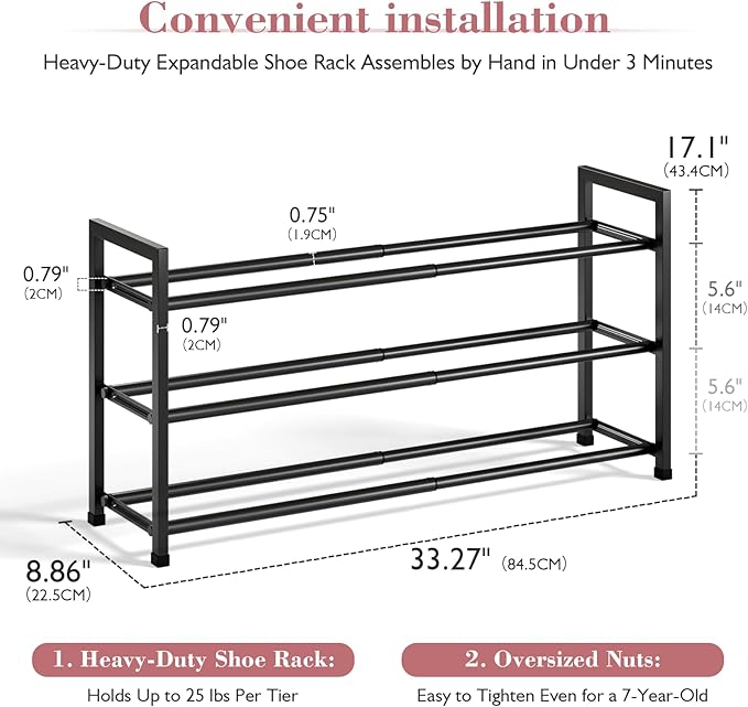 Bumusty 3-Tier Expandable Shoe Rack for Closet, 18“-33” Adjustable Shoe Rack for Small Space, Small Shoe Organizer for Front Door, Sturdy Metal, Black