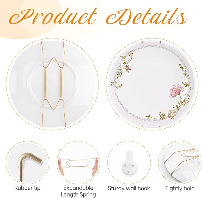 Plate Hangers for The Wall, Suitable for 4-5 inch Decorative Plate, Stainless Steel Wire Plate Holder with Wall Hooks and Rubber tip Protectors, Plate Hangers for Displaying Plates, Platter, Gold