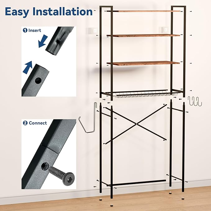 Laundry Room Storage Shelf & Organizer, 4 Tier Over Metal Washer and Dryer Shelves, Washing Machine Shelf, Adjustable Height & Feet, Bathroom Space Saver Shelf, 23.8”W x 9.9”D x 68.1”H, Black