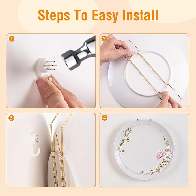 3 Pack Plate Hangers for The Wall, Suitable for 10-14 inch Art Plate, Stainless Steel Invisible Heavy Duty Wire Plate Holder with Wall Hooks, Plate Hangers for Displaying Plates, Platter, Dish, Gold