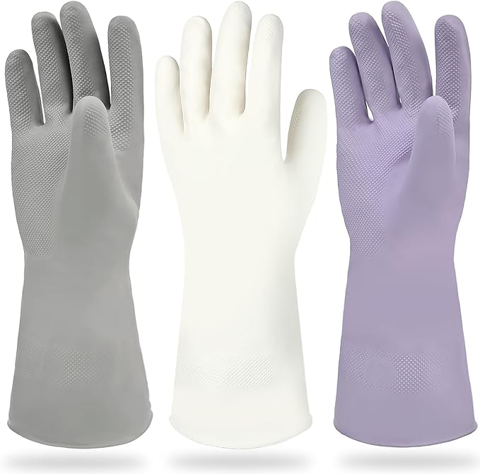 Cleanbear Reusable Dish Washing Rubber Glove Set of 3, Household Cleaning Gloves for Washing