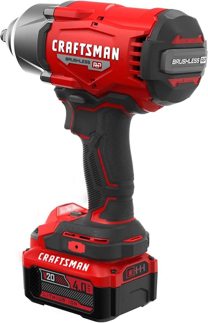 CRAFTSMAN V20 RP Impact Wrench, Cordless, Brushless, High Torque, 1/2 Inch, 4Ah Battery and Charger Included (CMCF940M1)