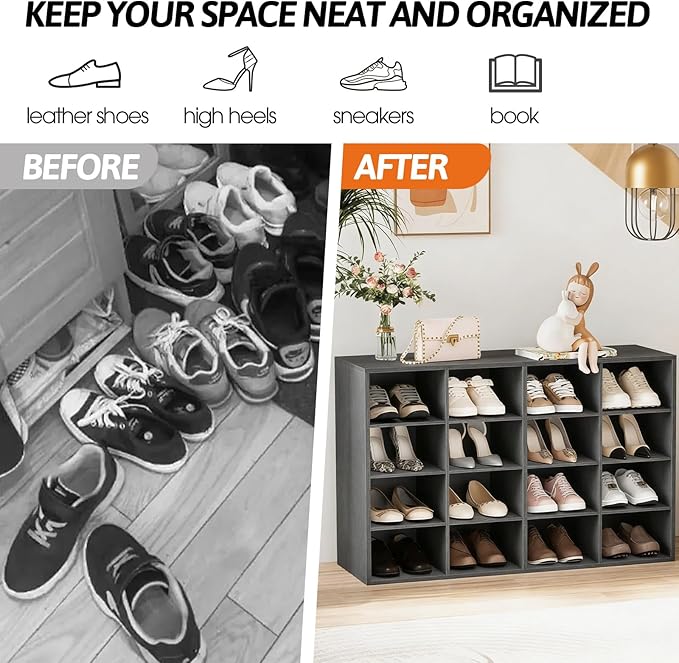 Garden 4 you Shoe Storage Bench, Cubby Shoe Rack with 16 Cubbies, 4-Tier Wood Shoe Rack Organizer, Shoe Organizer Cabinet for Entryway, Hallway, Closet and Garage, Black