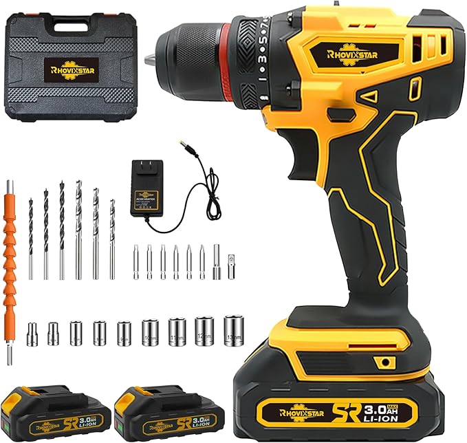 Cordless Drill Set with Battery and Charger,Power Drill Tool Set 20v,3/8-Inch Keyless Chuck,Variable Speed (Equipped with 2x 3Ah Batteries)
