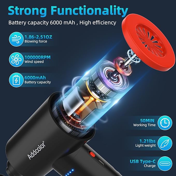 Compressed Air Duster 6000mAh Battery - Electric Air Duster Addcolor AD38 Keyboard Cleaner 3 Adjustable Wind Speeds with LED, Reusable Canned Air for Dust Removing Installations for Cleaning Purposes