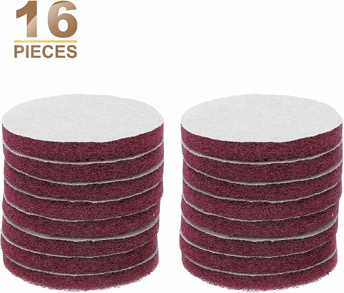 HARFINGTON 16pcs Scrubber Scouring Pads 400 Grits 4 Inch Drill Power Brush Hoop and Loop Surface Conditioning Disc Drill Scuffing Disc Scrub Pads for Home Kitchen Cleaning, Red