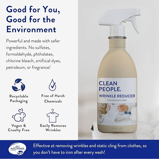 Clean People Wrinkle Reducer Spray - Clean Ingredients - Non-Toxic Formula - Removes Wrinkles, Static, and Odors - Unscented - Fabric Safe - 16oz…