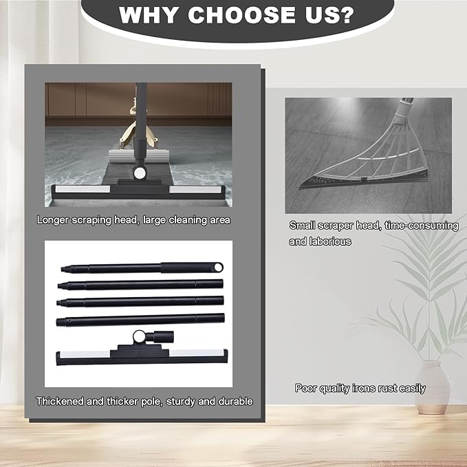 Squeegee Broom for Floor Shower Squeegee with Long Handle Rubber Wiper for Bathroom Tile Shower Glass Car Window Deck Patio Cleaning (Black)