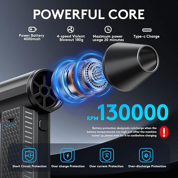 Compressed Air Duster kit-Blower-pc Duster Electric-130000RPM- Replace Compressed air can-Keyboard Clean-car Mini Snow Blowers-Car Dryer air Blower-Jet Fan-No air Canned dusters for Cleaning
