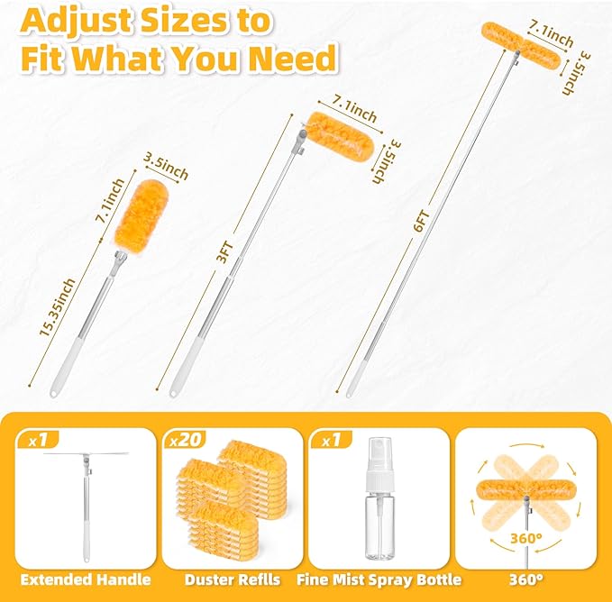 6 ft Extendable Handle with 20 Duster Refills, Heavy Duty Duster Refills Kit Compatible with Swiffer, 360 Disposable Microfiber Duster Pads for Ceiling Fan, Window & Hard to Reach Areas Cleaning