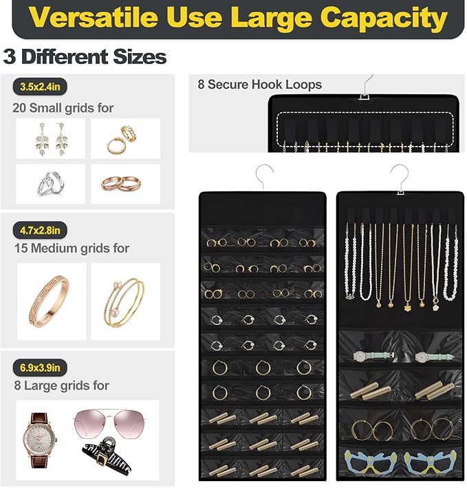 Hanging Jewelry Organizer with Multi-size pockets Double-Sided Jewelry Holder for Earrings, Necklaces, Rings on Closet, Wall, Door,Jewelry Organizer Hanging for Closet, Black