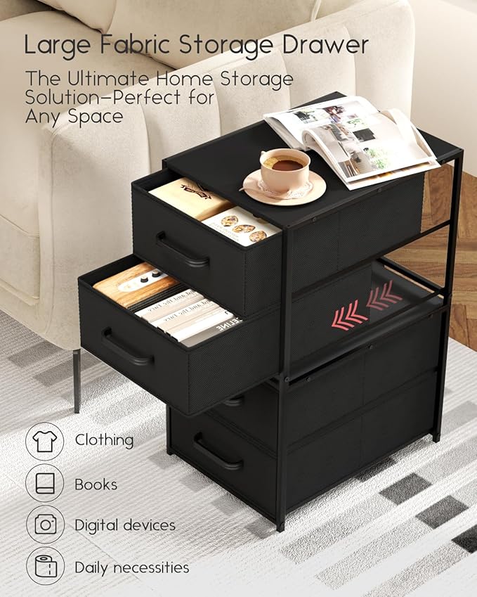 Homsorout Stackable Storage Drawers - 2 Tier Closet Drawers, Closet Organizer with Metal Handles, Night Stand with Collapsible Bins, Fabric Dresser for Bedroom, Dorm, Office, Black, 2 Pack