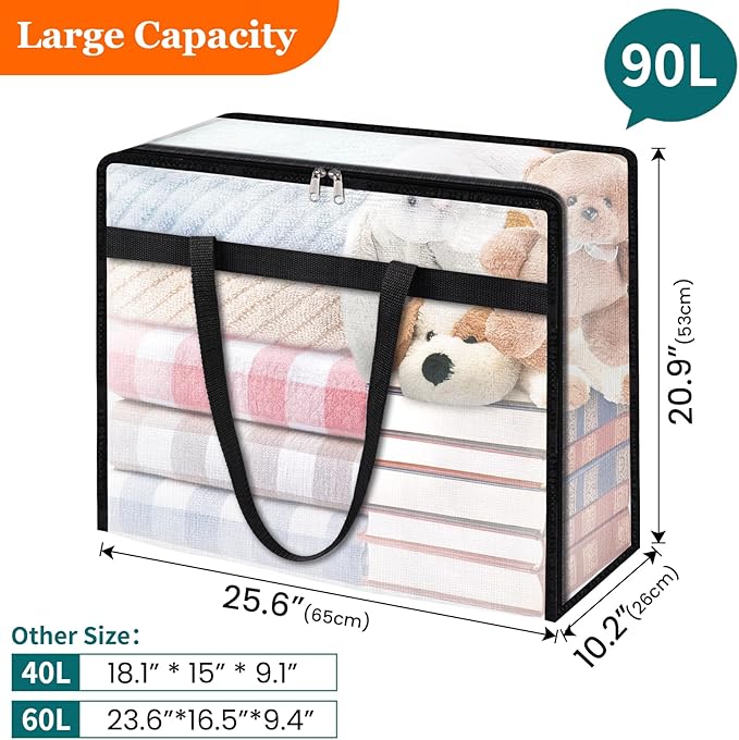 TasticTotes 4 Pack Clear Storage Bags for Comforter, Clothes & Bedding, Plastic Blanket Storage with Zipper and Handle, Moving Bags, Closet Organizer and Under-Bed Storage (90L)