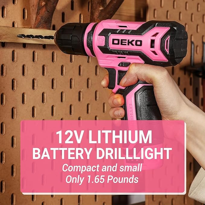 Pink Drill Tool Set Kit DEKOPRO Power Cordless Drill Tool Box with 12V Electric Pink Drill Driver Set for Women Home Hand Repair Tools Sets Drills Case