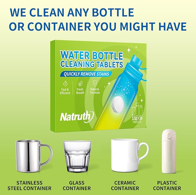 NATRUTH Water Bottle Cleaning Tablets 20 Tablets Effectively Removes Tough Stains and Odors Bottle Clean Tablet Individually Packed for All Stainless Steel, Plastics and Glass Drinking Containers