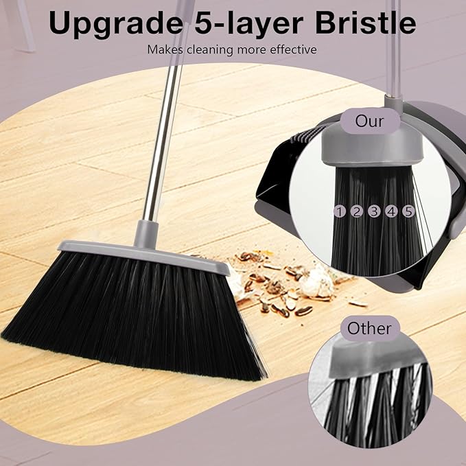 Broom and Dustpan Set, Long Handle Lightweight Dustpans with Broom Combo for Home, Indoor&Outdoor Sweeping for Home Room Kitchen Office Lobby (Charcoal)