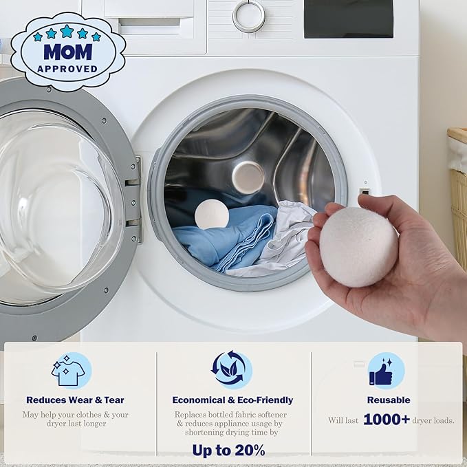 Wool Dryer Balls (2.4")6-Pack, Dryer Balls Laundry Reusable, Natural Fabric Softener, Reduces Clothing Wrinkles, Cuts Drying Time, A More Effective Alternative to Plastic Balls and Liquid Softeners