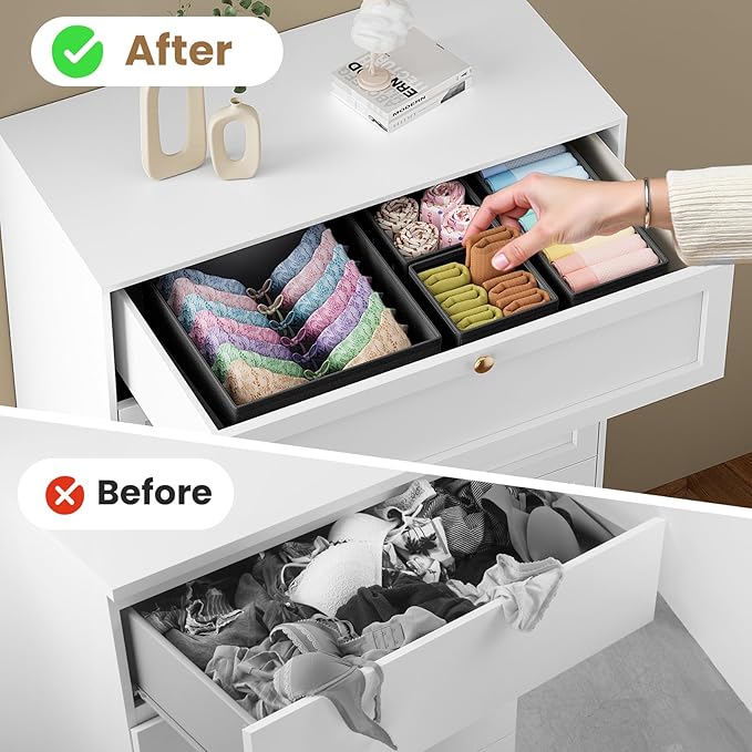TasticTotes Drawer Organizer Clothes, 24 Pack Drawer Organizers and Underwear Organizer for Nursery, Dividers Clothes Organizer, Closet Organization and Foldable Storage Bins for Sock, Bra, Tie, Black
