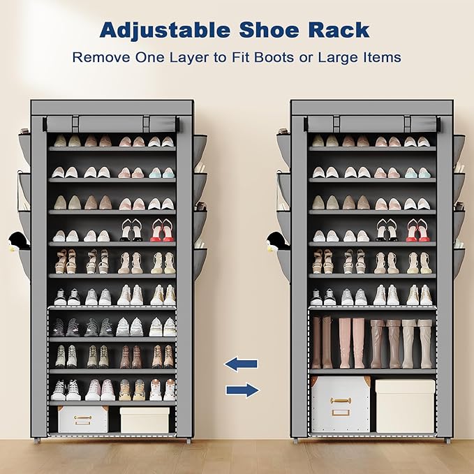 Mavivegue Shoe Rack with Cover, 10+1 Tier Tall Shoe Storage for 50-55 Pairs of Shoes, Shoe Organizer for Entryway, Closet, Garage, Grey