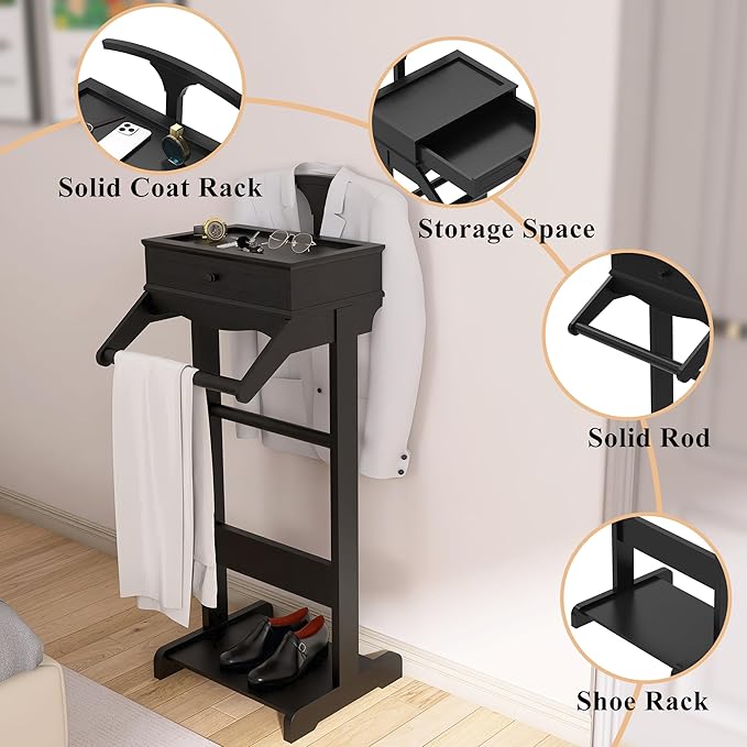 Men's Valet Stand with Tray, Black Wood Clothes Stand, Freestanding Garment Rack Organizer for Enterway, Office, Bedroom