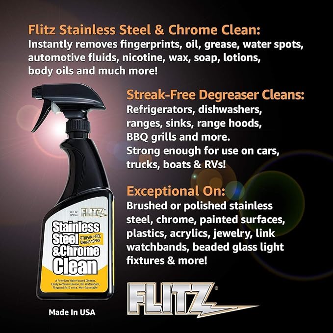 FLITZ Stainless Steel & Chrome Clean - 8oz Bottle, USA-Made Stainless Steel Cleaner Spray for Appliances - Grill, Fridge, Sink Stain Remover - Also Works on Aluminum Surfaces (1 Pack)