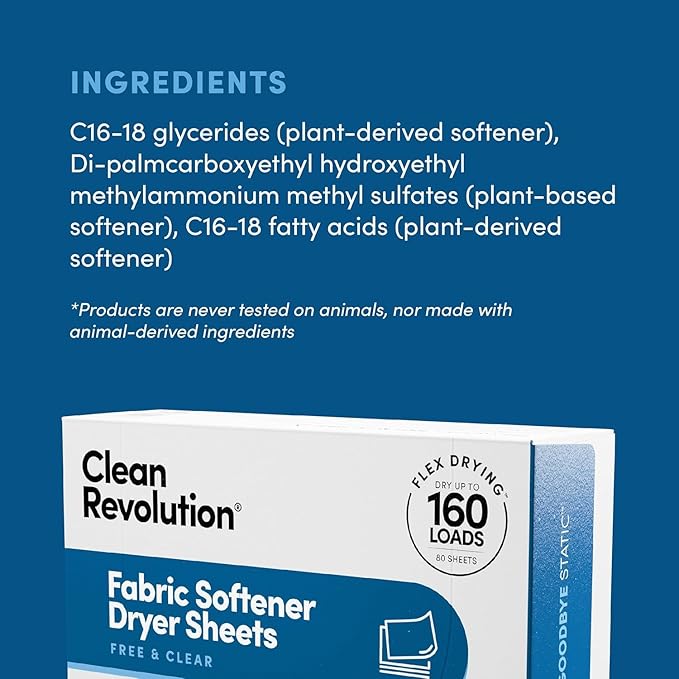 Clean Revolution Natural Fabric Softener Dryer Sheets, 80 Sheets, 160 Loads, Fragrance Free For Sensitive Skin, Made in the USA