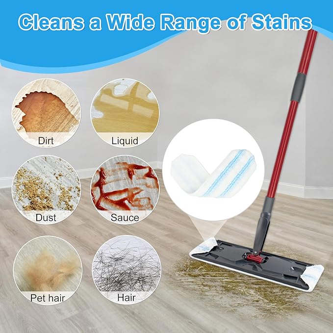 Mop Replacement Pads for O Cedar H2prO Flat Mop System, Mop Handle for O-Cedar H2pro Mop, Reusable Microfiber Mop Pads for Ocedar Flat Mop, Include 4 Mop Pad Refills and 4-Section Mop Handle