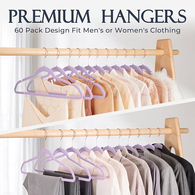 HOUSE DAY Lt-Purple Velvet Hangers 20 Pack, Premium Non-Slip Felt Clothes, Sturdy Heavy Duty Coat, Durable Hangers for Suits, Space Saving with No Hanger Mark, 360° Swivel Rotating Rose Gold Hook