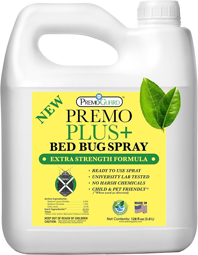 Premo Plus+ Bed Bug Spray Extra Strength – 128 oz – Fast Acting Bed Bug Treatment & Killer – Stain & Scent Free – Child & Pet Safe – Powerful New Stronger Formula – Natural with No Harmful Chemicals