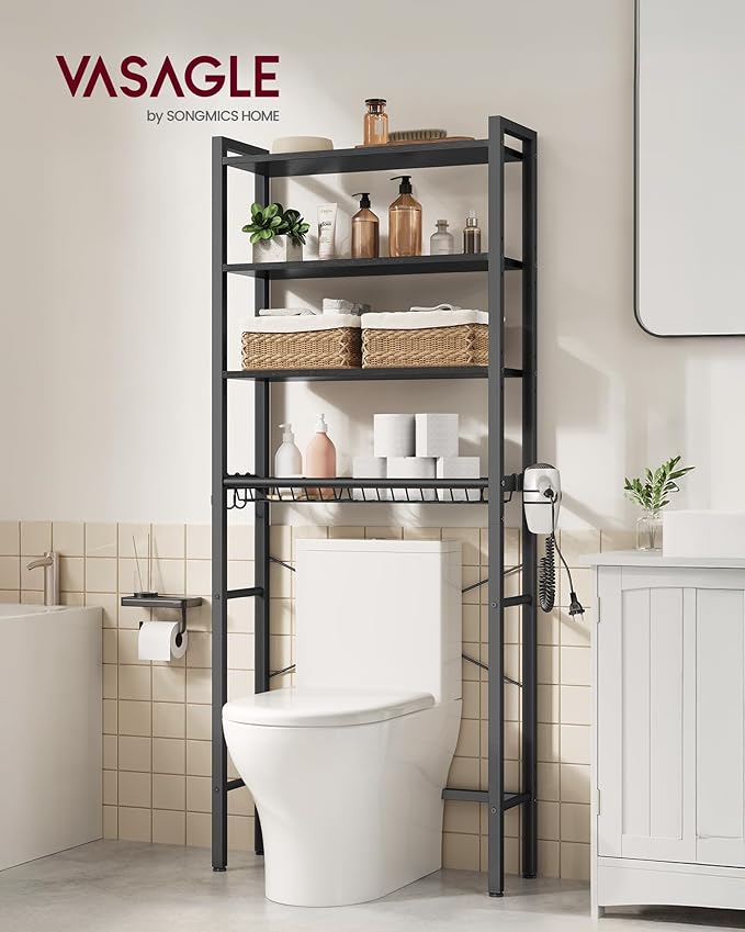VASAGLE Over the Toilet Storage, Over Toilet Bathroom Organizer with Adjustable Shelves and Basket, 3 Hooks, Space Saving, 9.4 x 23.6 x 68.1 Inches, Ebony Black UBTS114BE01S