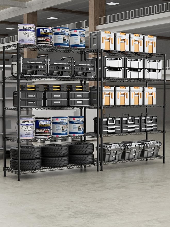 Golpart 5 Tier Adjustable Storage Shelves Heavy Duty Metal Utility Shelf 1750LBS Capacity Wire Shelving Unit Organizer Rack for Home Kitchen Garage Pantry Room 18" D x 46" W x 77" H Black