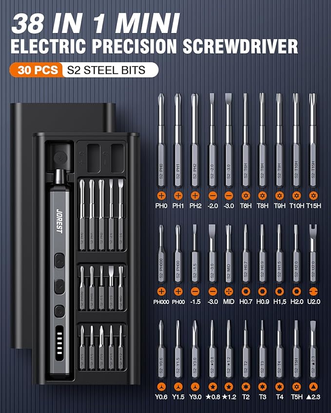 JOREST Mini Electric Screwdriver,Cordless Precision Screwdriver set with 38-in-1 Magnetic Bits, 5 Torque Settings, Repair Tool for iPhones, Laptop, Drone, Game Console, Camera;Birthday Gift for Father