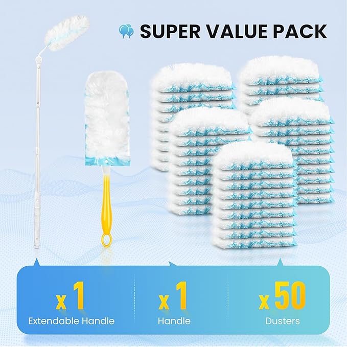 Duster Kit for Swiffer® Duster Refill: 50 Heavy Duty Refills + 2 Handles | 3X Grip & Static Tech | Car, Furniture & Electronics Dry Cleaning