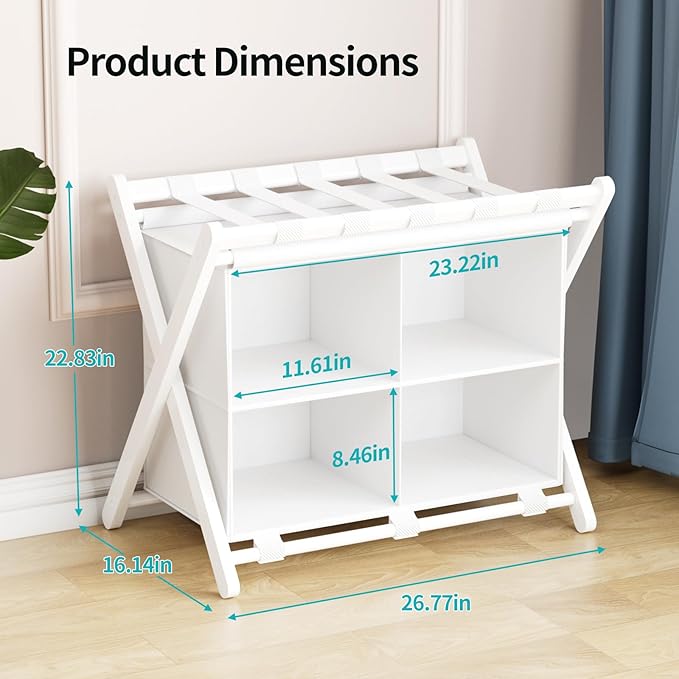Folding Luggage Rack, 2-Pack White Bamboo Suitcase Stands with 4 Storage Compartments , Sturdy Luggage Holders for Guest Room, Bedroom, Hotel