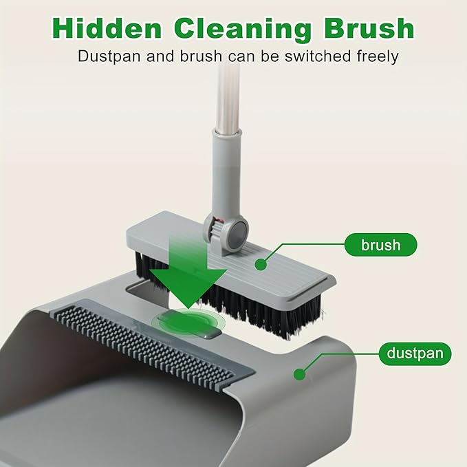 3 in 1 Broom and Dustpan Set with Adjustable Push Broom with 48.8“ Long Handle for Floor Sweeping Outdoor Indoor Sweeping Combo for Home & Kitchen (Gray)