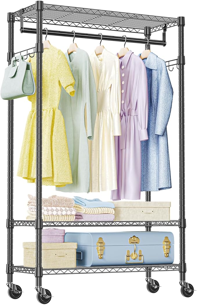 IZEUK Heavy Duty Rolling Garment Rack Wire Clothes Rack for Hanging Clothes (Black, 3 Tier with 2 Rod, 29.5" W x 15.7" D x 75" H)