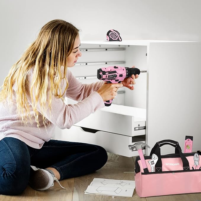 WORKPRO 12V Pink Cordless Drill Driver and Home Tool Kit, Hand Tool Set for DIY, Home Maintenance, 14-inch Storage Bag Included - Pink Ribbon