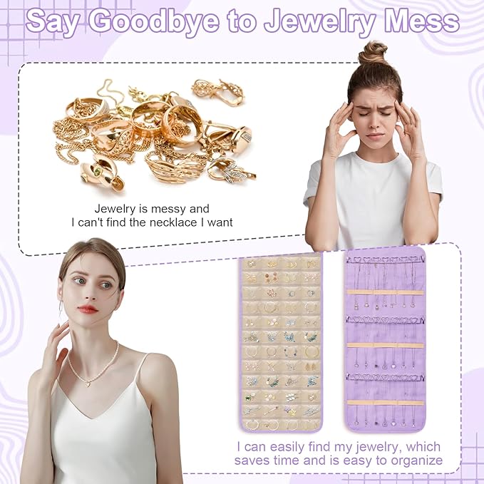 Dynoro Double-Sided Hanging Jewelry Organizer, Lavender Storage Roll for Earrings, Necklaces, Rings, 48 Pockets 21 Hooks, Durable Oxford Fabric for Closet, Wall, Door, 1 piece, Jewelry Not Included