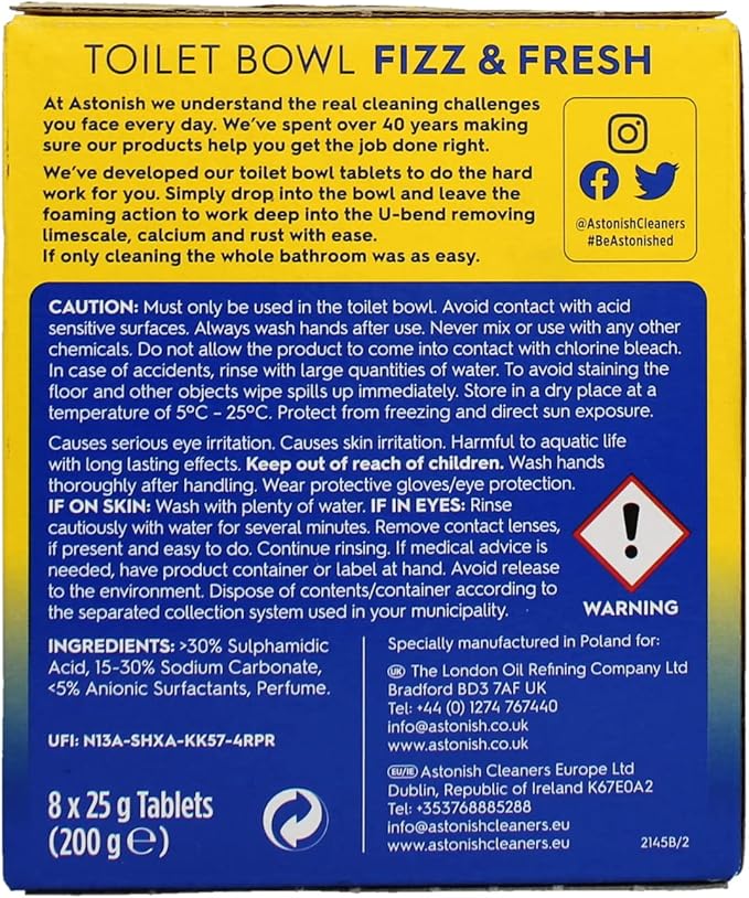 Astonish Foaming Lemon Splash Fizz & Fresh Bathroom Toilet Bowl Cleaner - Deep Cleaning Limescale, Calcium & Rust Stain Remover- No Spray Bottle Needed, Removes Hard to Reach Stains, 8 Tablets